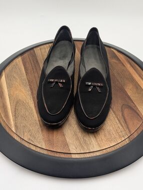 Stuart Weitzman Vintage Black Fabric Loafers Tortoiseshell Patent Trim Bow 3332